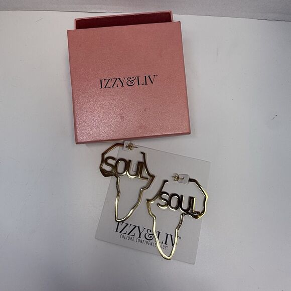 Izzy & Live Gold Tone “SOUL” Africa Shaped Hoop Earrings New - Picture 2 of 7